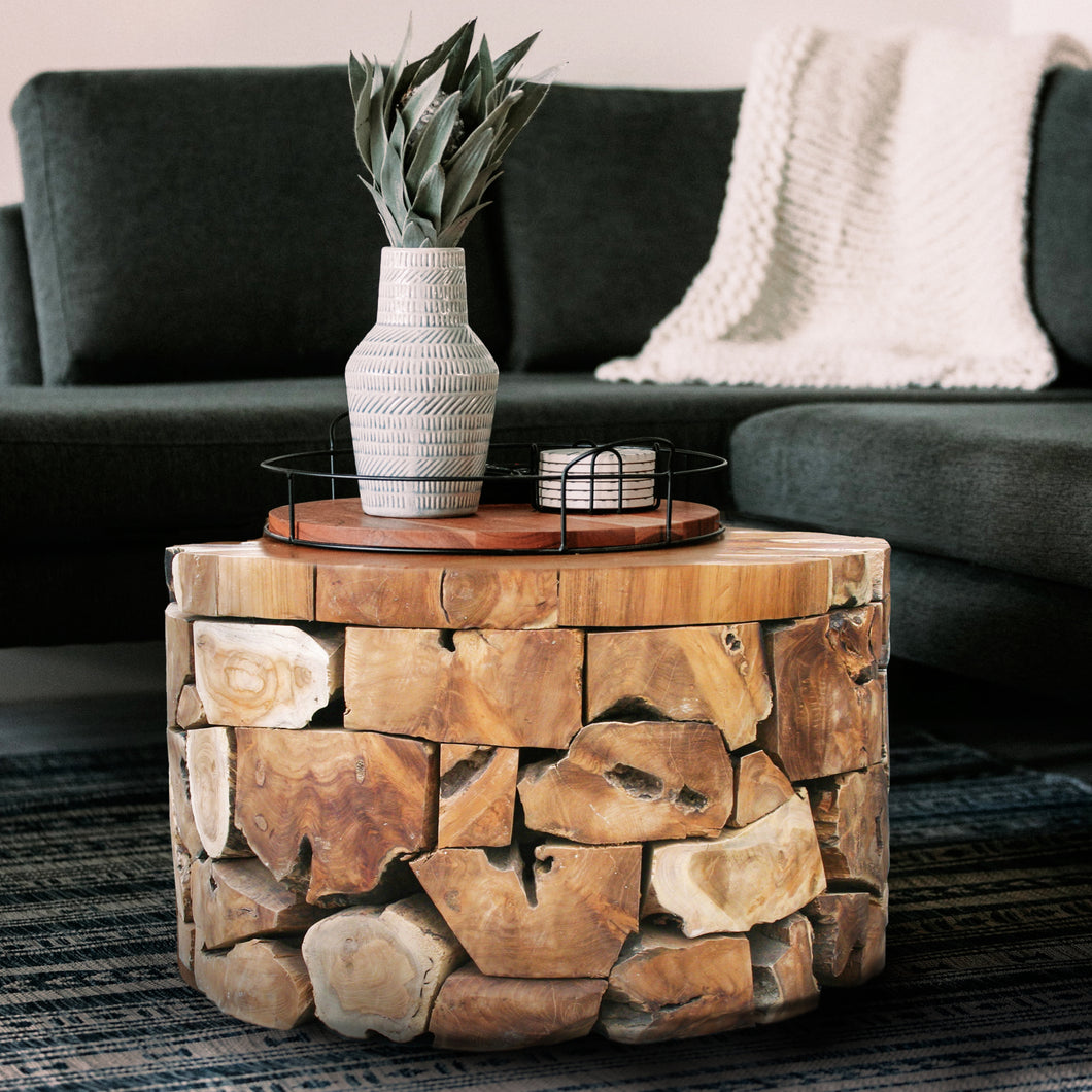 Recycled Teak Wood Round Akar Coffee Table, 28 Inch