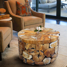 Recycled Teak Wood Round Akar Coffee Table, 28 Inch