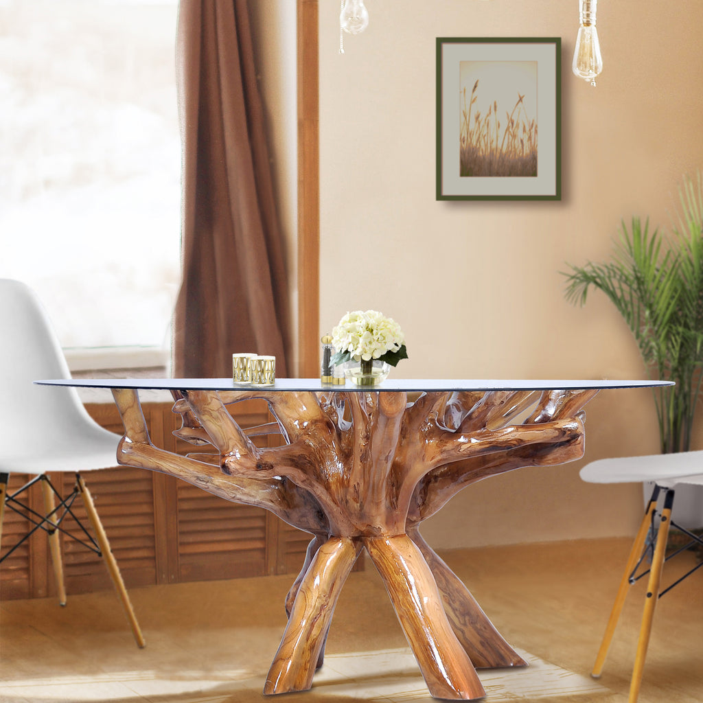 Round Table Tree Trunk Dining Table With Glass Top Teak Wood Root