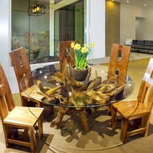 Teak Wood Root Dining Table Including a 63 Inch Round Glass Top