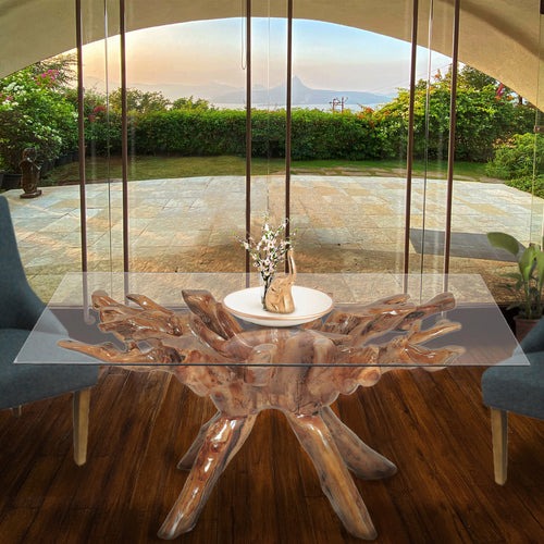 Teak Wood Root Dining Table Including 87 x 43 Inch Glass Top
