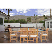 7 Piece Teak Wood Castle Patio Dining Set with Round to Oval Extension Table, 4 Side Chairs and 2 Arm Chairs