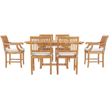 7 Piece Teak Wood Castle Patio Dining Set with Round to Oval Extension Table, 4 Side Chairs and 2 Arm Chairs