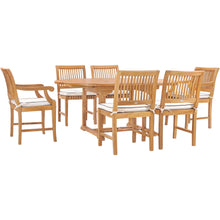 7 Piece Teak Wood Castle Patio Dining Set with Round to Oval Extension Table, 4 Side Chairs and 2 Arm Chairs