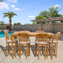 7 Piece Teak Wood Orleans Patio Bistro Bar Set, 63" Bar Table, 2 Bar Chairs w/ Arms & 4 Armless Bar Chairs