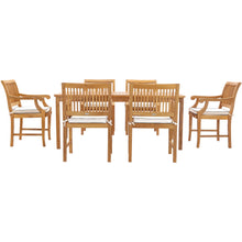 7 Piece Teak Wood Castle 71" Rectangular Large Bistro Dining Set with 6 Arm Chairs