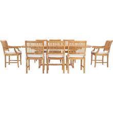 9 Piece Teak Wood Castle Patio Dining Set with Rectangular Extension Table, 6 Side Chairs and 2 Arm Chairs