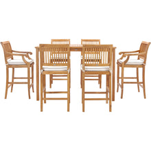 7 Piece Teak Wood Castle 63" Rectangular Medium Bistro Bar Set including 2 Barstools with Arms and 4 Barstools