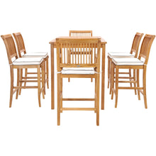 7 Piece Teak Wood Castle 63" Rectangular Medium Bistro Bar Set including 2 Barstools with Arms and 4 Barstools
