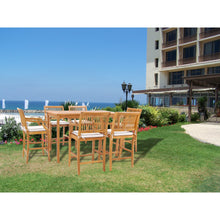 7 Piece Teak Wood Castle 63" Rectangular Medium Bistro Bar Set including 6 Barstools with Arms