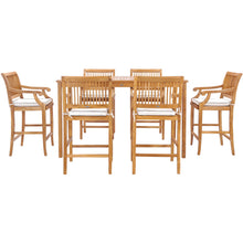 7 Piece Teak Wood Castle 71" Rectangular Large Bistro Bar Set including 6 Barstools with Arms