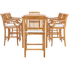7 Piece Teak Wood Castle 71" Rectangular Large Bistro Bar Set including 6 Barstools with Arms