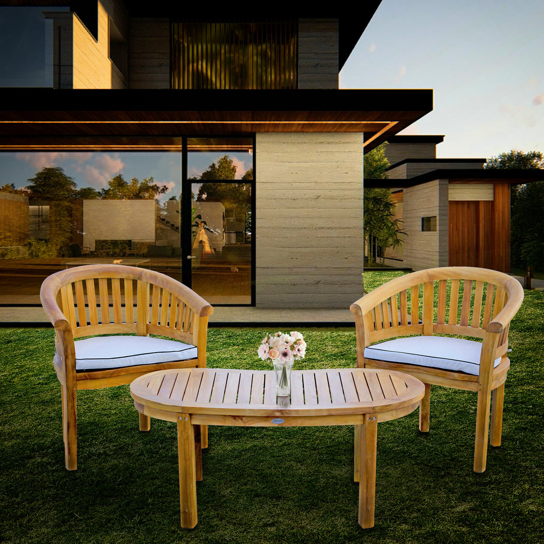 3 Piece Teak Wood Peanut Patio Lounge Set, 2 Chairs & Coffee Table