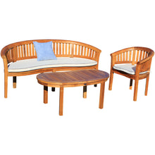 3 Piece Teak Wood Peanut Patio Lounge Set, Triple Bench, Chair & Coffee Table