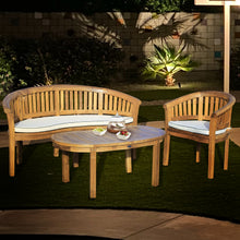 3 Piece Teak Wood Peanut Patio Lounge Set, Double Bench, Chair & Coffee Table