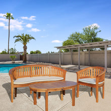 3 Piece Teak Wood Peanut Patio Lounge Set, Double Bench, Chair & Coffee Table