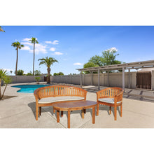 3 Piece Teak Wood Peanut Patio Lounge Set, Double Bench, Chair & Coffee Table