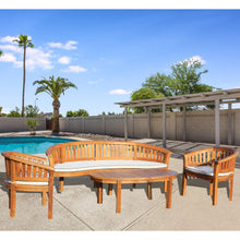 4 Piece Teak Wood Peanut Patio Lounge Set, Triple Bench, 2 Chairs & Coffee Table