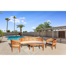 4 Piece Teak Wood Peanut Patio Lounge Set, Triple Bench, 2 Chairs & Coffee Table