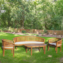 4 Piece Teak Wood Peanut Patio Lounge Set, Triple Bench, 2 Chairs & Coffee Table