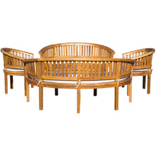 5 Piece Teak Wood Peanut Patio Lounge Set, Double Bench, Triple Bench, 2 Chairs & Coffee Table