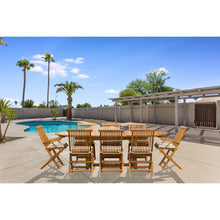 9 Piece Teak Wood Miami Patio Dining Set with Oval Extension Table, 2 Folding Arm Chairs and 6 Folding Side Chairs