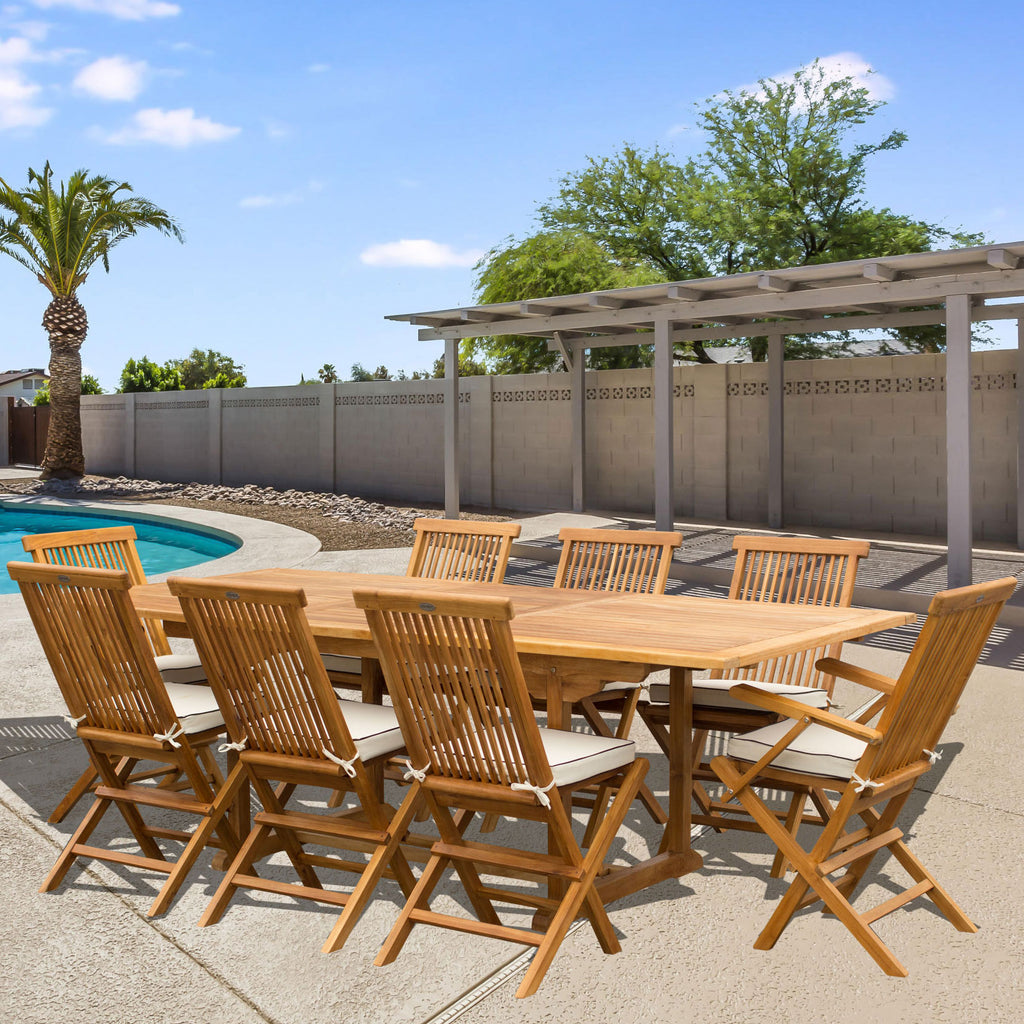 9 Piece Teak Wood Miami Patio Dining Set with Rectangular Extension ...