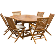 7 Piece Teak Wood Miami Patio Dining Set with Round to Oval Extension Table, 2 Arm Chairs and 4 Side Chairs with Cushions