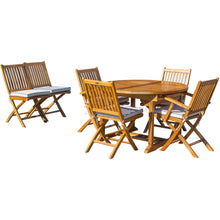 7 Piece Teak Wood Santa Barbara Patio Dining Set with Round to Oval Extension Table, 2 Arm Chairs and 4 Side Chairs with Cushions
