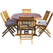 7 Piece Teak Wood Santa Barbara Patio Dining Set with Round to Oval Extension Table, 2 Arm Chairs and 4 Side Chairs with Cushions
