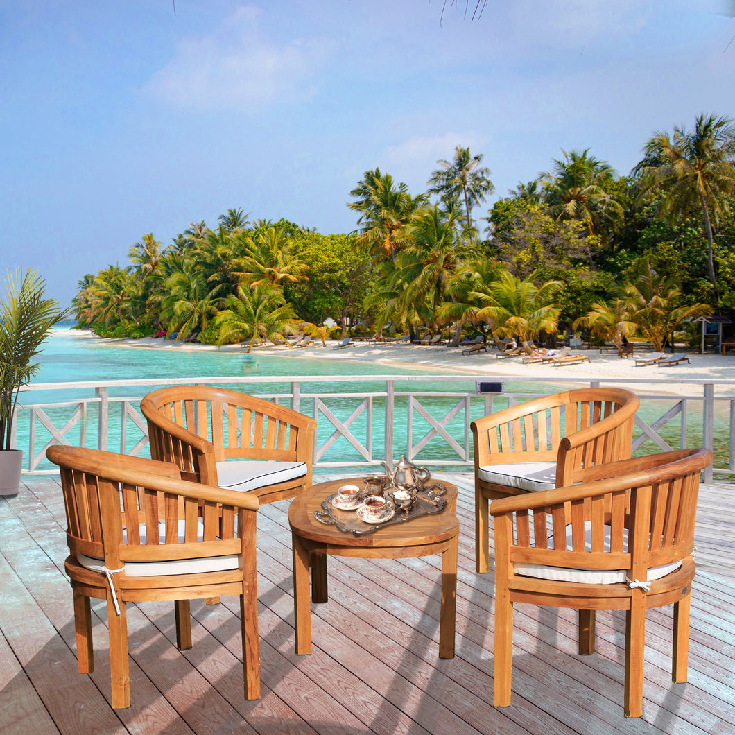 5 Piece Teak Wood Peanut Patio Conversation Set with 4 Chairs and Coffee Table