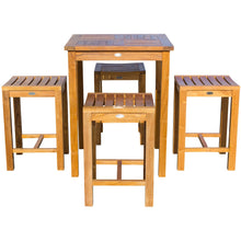 5 Piece Teak Wood Seville Small Counter Height Patio Bistro Set, 4 Counters Stools and 27" Square Table