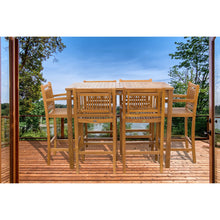 7 Piece Teak Wood Maldives Patio Bistro Bar Set, 55" Bar Table, 2 Barstools with Arms and 4 Armless Barstools