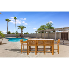 9 Piece Teak Wood Maldives Patio Bistro Bar Set, 71" Bar Table, 2 Barstools with Arms and 6 Armless Barstools