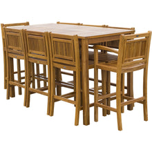 9 Piece Teak Wood Maldives Patio Bistro Bar Set, 71" Bar Table, 2 Barstools with Arms and 6 Armless Barstools