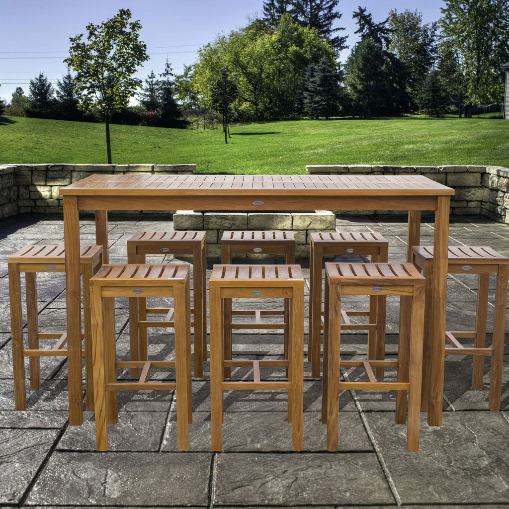 9 Piece Teak Wood Santa Monica Patio Bistro Bar Set, 71" Bar Table and ...