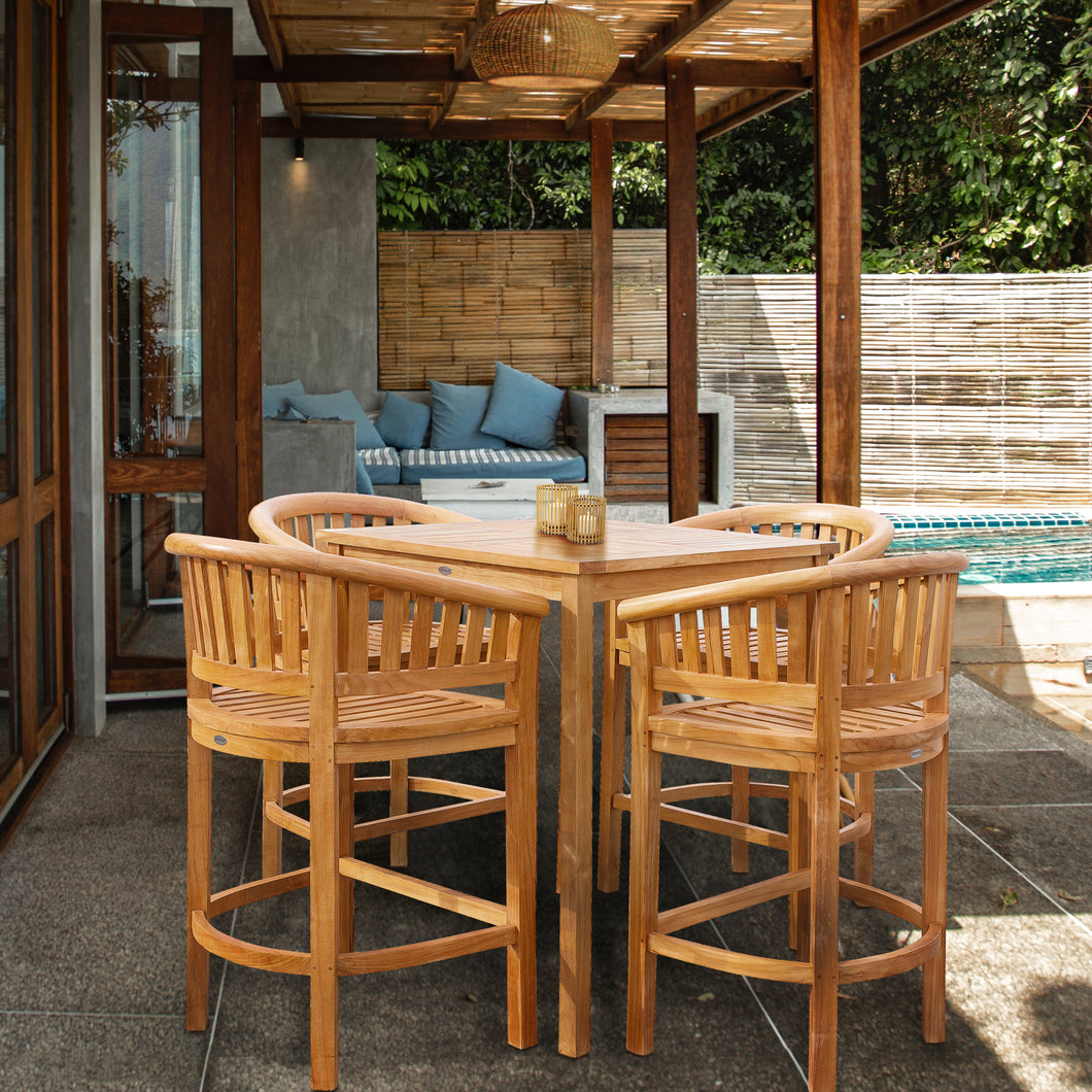 5 Piece Teak Wood Peanut Patio Bistro Bar Set with 4 Bar Chairs and 35