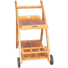 Teak Wood Serving Trolley with Serving Tray, Bottle Holders and Rubber Wheels - Chic Teak