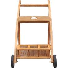 Teak Wood Serving Trolley with Serving Tray, Bottle Holders and Rubber Wheels