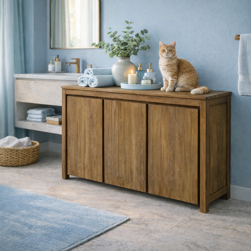 Recycled Teak Wood Valencia Bathroom Linen Cabinet with 3 Doors