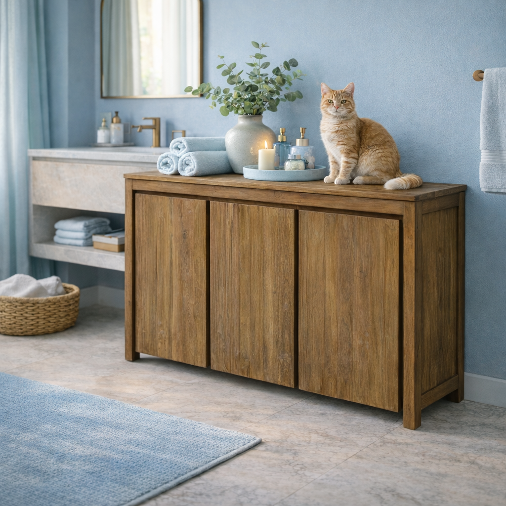 Recycled Teak Wood Valencia Bathroom Linen Cabinet with 3 Doors