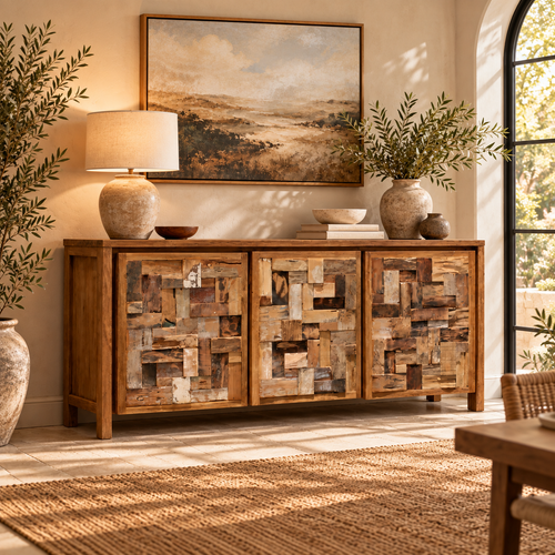 Recycled Teak Wood Mozaik Media Center / Chest with 3 Doors