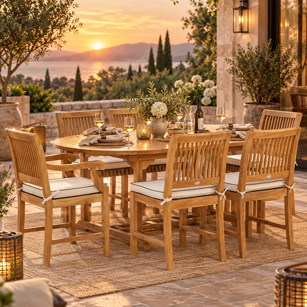 7 Piece Teak Wood Castle Patio Dining Set with Round to Oval Extension Table, 4 Side Chairs and 2 Arm Chairs