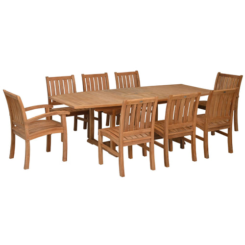 9 Piece Teak Wood Dining Set including Semi-Oval Extension Table with 2 Abaco Arm and 6 Side Chairs