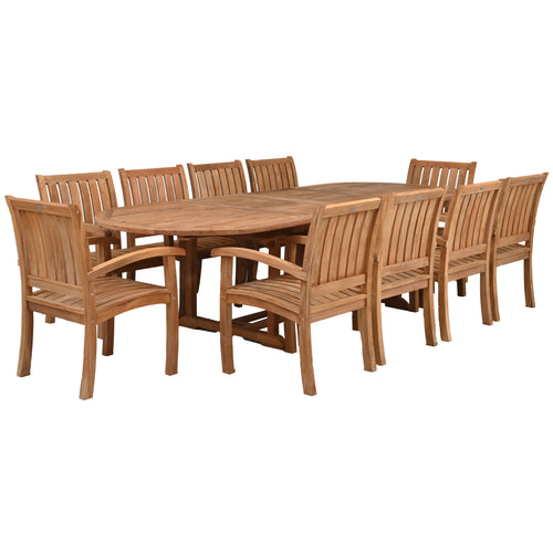 11 Piece Teak Wood Dining Set including Oval Double Extension Table with 10 Abaco Arm Chairs