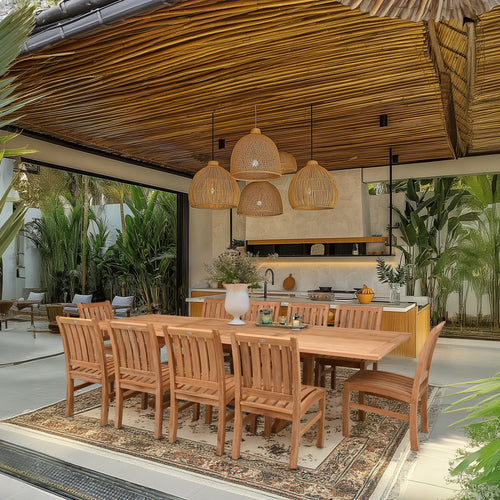 11 Piece Teak Wood Dining Set including Rectangular Double Extension Table with 10 Abaco Side Chairs