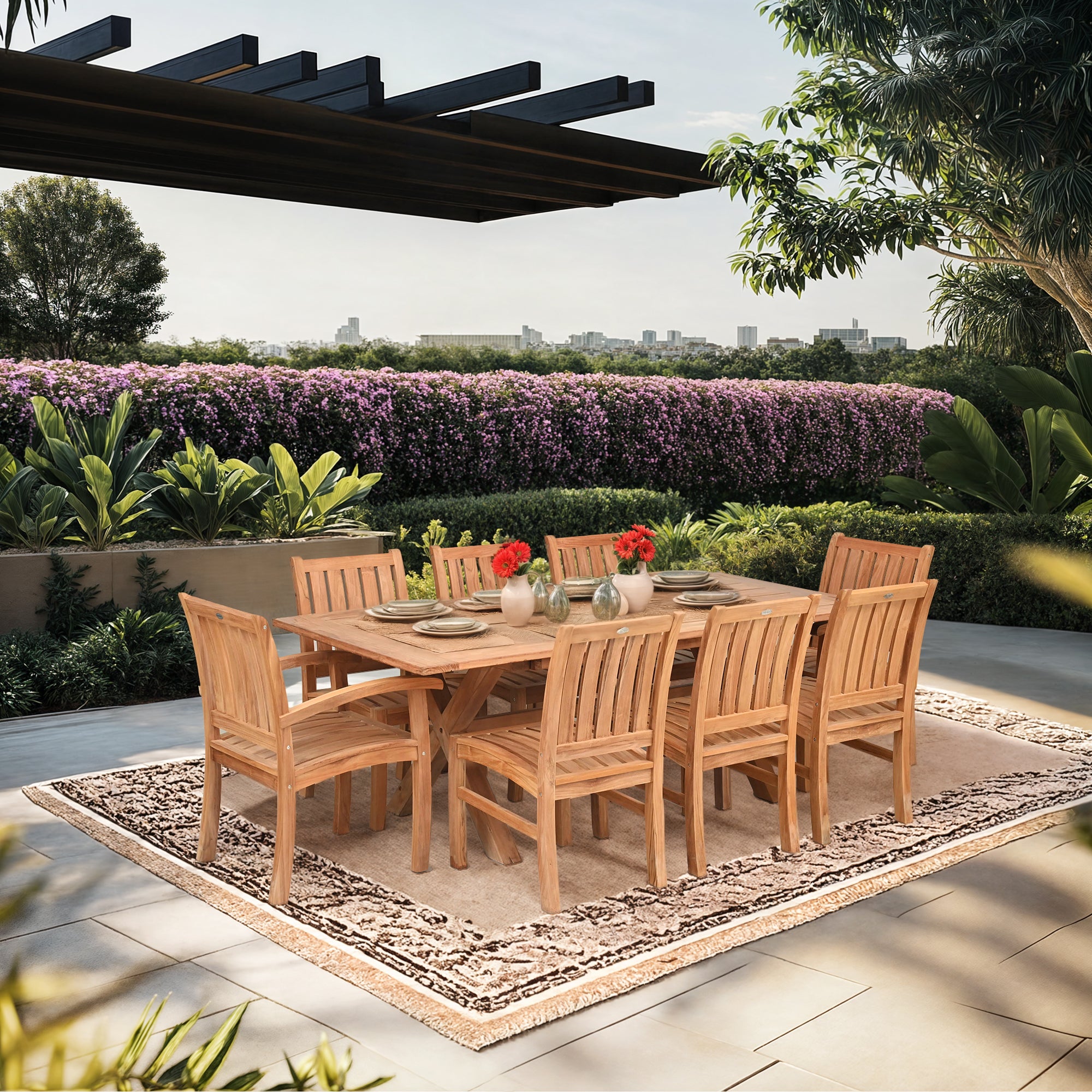 9 Piece Teak Wood Dining Set Including 87" Rectangular Cross Table with ...