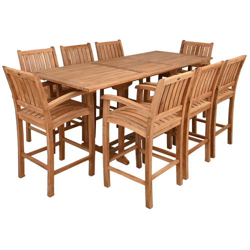 9 Piece Teak Wood Bar Set Including Rectangular Extension Bar Table and 8 Abaco Barstools with Arms