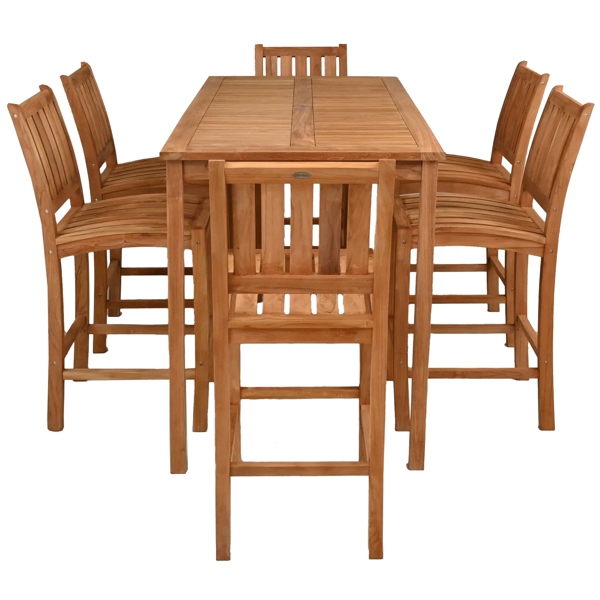 7 Piece Teak Wood Bistro Bar Set Including 71" Rectangular Table and 6 ...