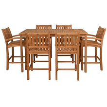 7 Piece Teak Wood Bistro Bar Set Including 71" Rectangular Table and 6 Abaco Barstools with Arms